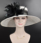 White Sinamay Kentucky Derby Hat: Black Feather Flower, Wide Brim