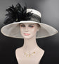 White Sinamay Kentucky Derby Hat: Black Feather Flower, Wide Brim