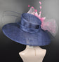 Wide Brim Sinamay Kentucky Derby Hat: Navy Blue with Pink Flower