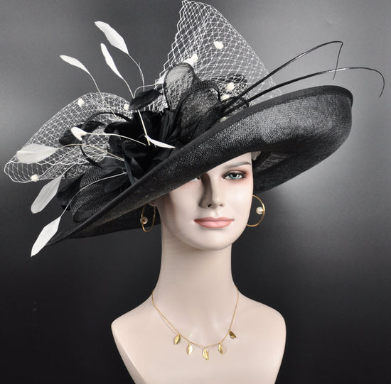 Sinamay Kentucky Derby Hat: Black Wide Brim Feather Ascot Hat