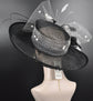 Sinamay Kentucky Derby Hat: Black Wide Brim Feather Ascot Hat