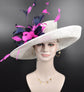 Church Kentucky Derby Hat Carriage Tea Party Wedding Wide Brim Sinamay Hat White W Navy Blue Fuchsia Feather Flower