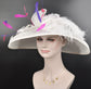 Wide Brim Sinamay Derby Hat: White, Purple, & Pink Feather Flower