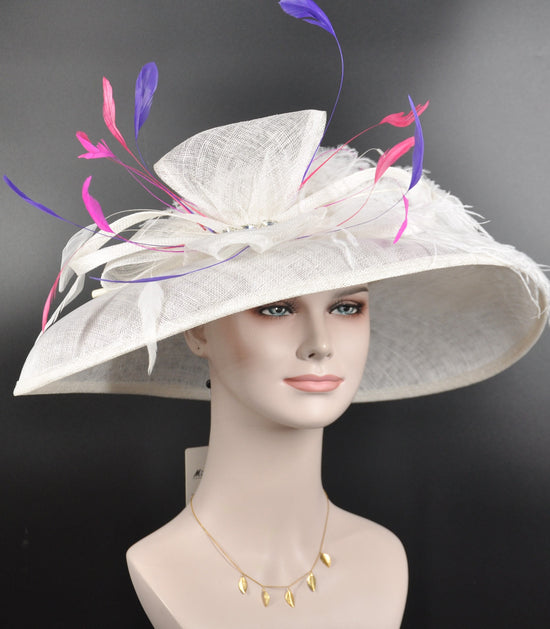 Wide Brim Sinamay Derby Hat: White, Purple, & Pink Feather Flower