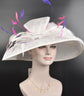 Wide Brim Sinamay Derby Hat: White, Purple, & Pink Feather Flower