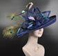 Navy Blue Sinamay Kentucky Derby Hat: Peacock Feathers, Wide Brim