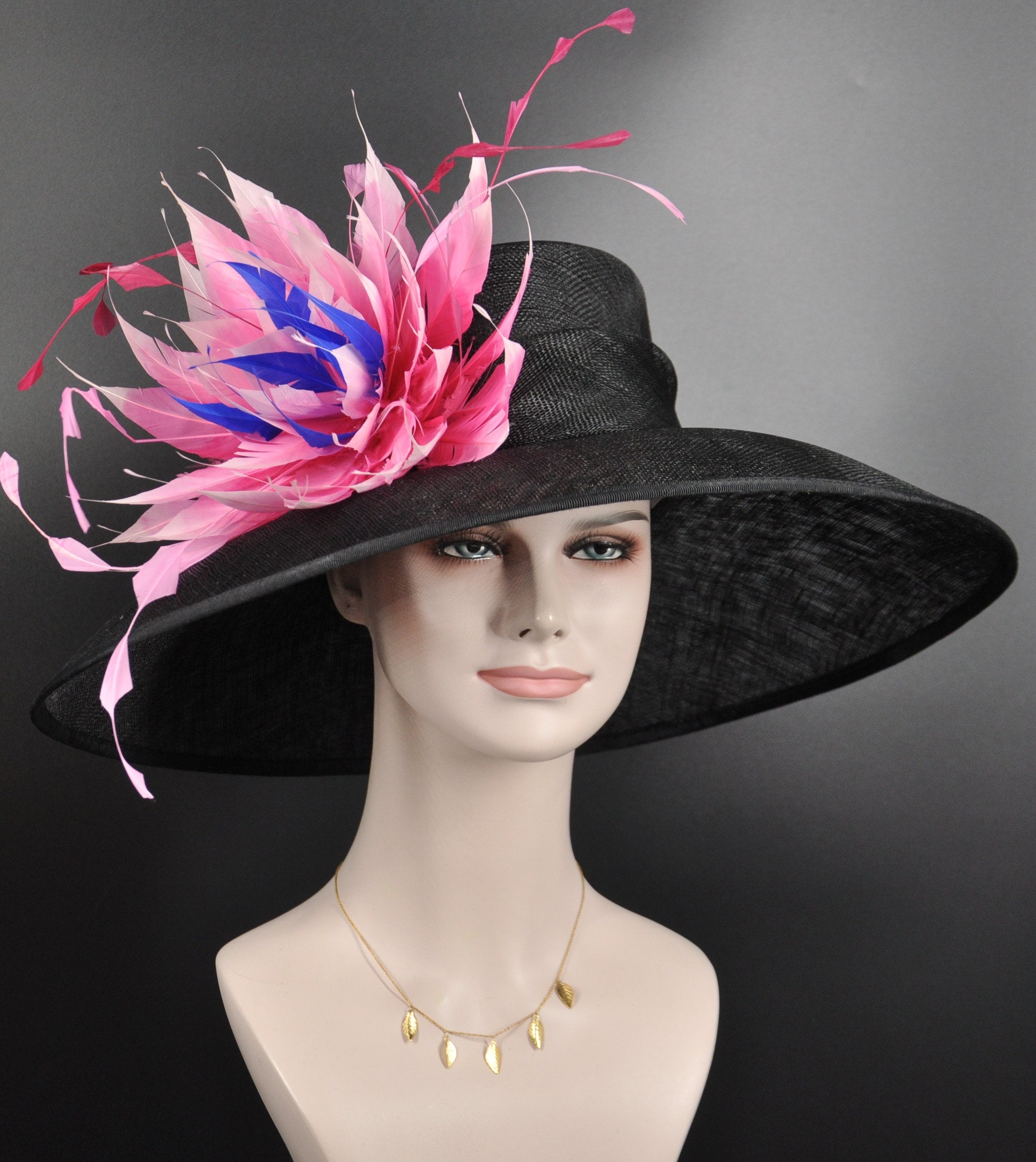 Black Sinamay Kentucky Derby Hat, Fuchsia Feather Flower – Miss Race ...