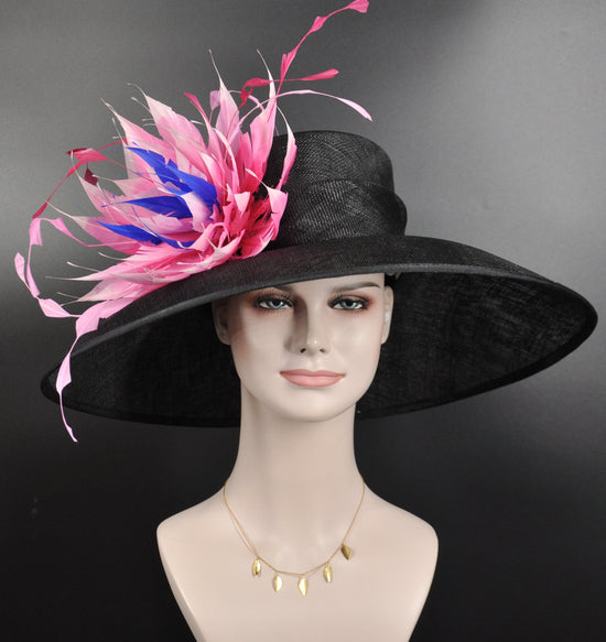 Black Sinamay Kentucky Derby Hat, Fuchsia Feather Flower