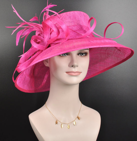 Fuchsia Sinamay Kentucky Derby Hat: Wide Brim Feather Ascot Hat