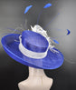 Royal Blue with White Feather Flowers  Kentucky Derby Hat ,Tea Party Carriage Party  Royal Ascot Wide Brim  Sinamay Hat Upturned Brim