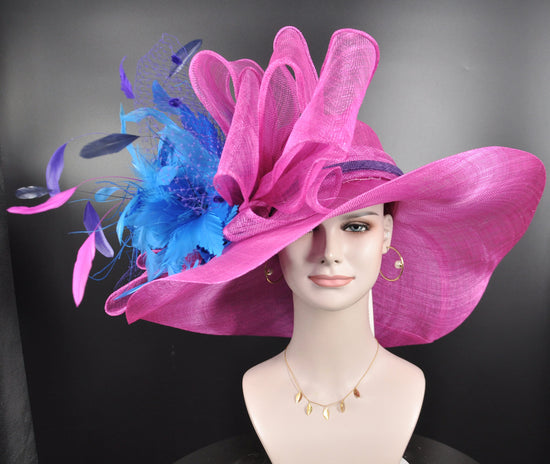Wide Brim Sinamay Derby Hat: Fuchsia, Teal, Blue Feather Flower