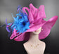 Wide Brim Sinamay Kentucky Derby Hat: Fuchsia, Teal, Blue Feather Flower