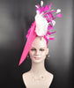 Hot Pink Sinamay Fascinator Hat: Silk & Feather Flowers, Derby Tea Party Headwear