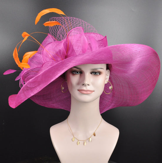 Oversized Fuchsia Sinamay Derby Hat, Orange Feather Church Hat
