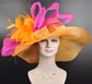 Orange Sinamay Derby Hat: Fuchsia Pink Bow & Feather Flower