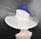 Wide Brim Sinamay Derby Hat: White with Royal Blue Feather Flower
