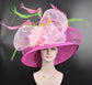 Pink Sinamay Kentucky Derby Hat: Feather Flower Wide Brim Ascot Hat
