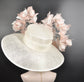 Pink Day, Church, Kentucky Derby Hat,Wide Brim Sinamay Hat ,Carriage, Tea Party ,Wedding , Off White/Ivory W Blush/Dusty Pink Feather Flower