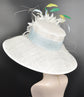 Wide Brim Sinamay Derby Hat: White Feather Flowers, Powder Blue Trim