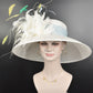 Wide Brim Sinamay Derby Hat: White Feather Flowers, Powder Blue Trim