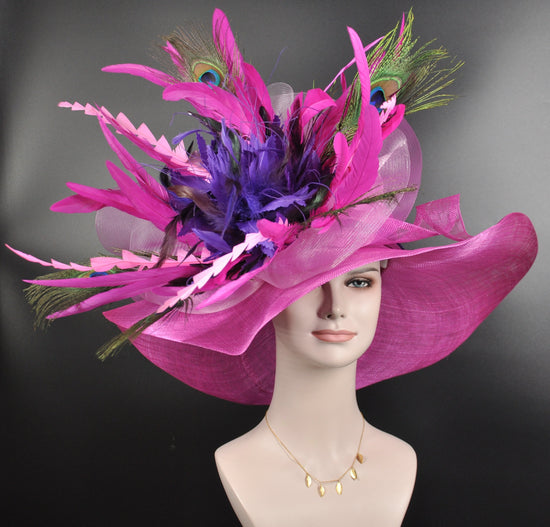 Wide Brim Sinamay Kentucky Derby Hat: Fuchsia Feather Flower