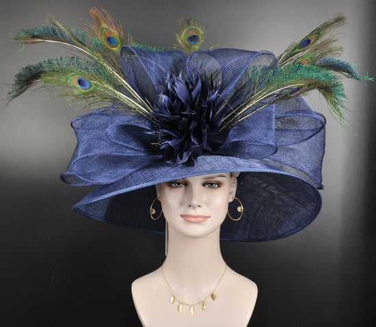 Navy Blue Sinamay Derby Hat: Peacock Feather Church Wedding Hat