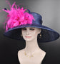 Navy Blue with Hot Pink  Feather Flowers  Kentucky Derby,Tea Party Carriage Party  Royal AscotWide Brim  Sinamay Hat