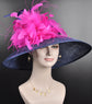 Navy Blue with Hot Pink  Feather Flowers  Kentucky Derby,Tea Party Carriage Party  Royal AscotWide Brim  Sinamay Hat