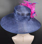 Navy Blue with Hot Pink  Feather Flowers  Kentucky Derby,Tea Party Carriage Party  Royal AscotWide Brim  Sinamay Hat