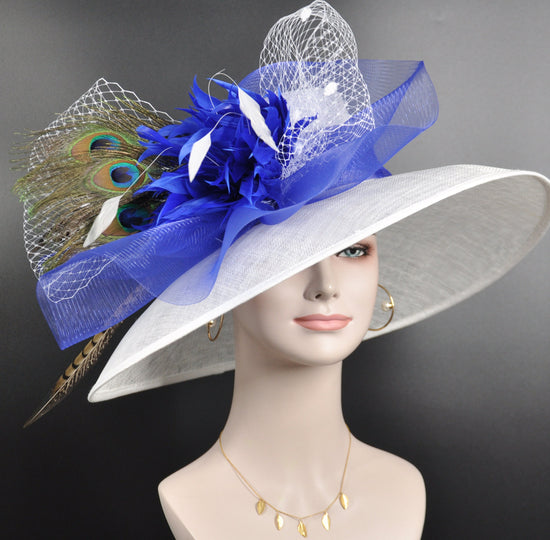 Sinamay Kentucky Derby Hat, Royal Blue Feather Flower, Adjustable Brim