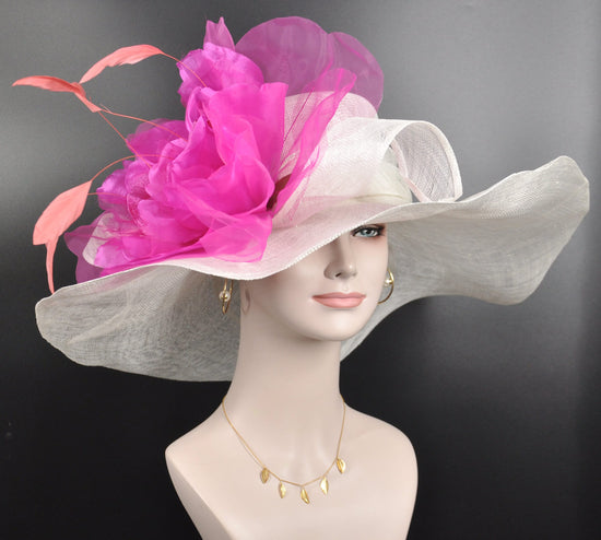 White, Pink Silk Flower Wide Brim Kentucky Derby Hat, Ascot Hat for Wedding & Tea Party, Garden Party Hat, Mother of the Bride, Church