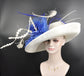 Wide Brim Sinamay Derby Hat: Ivory, Royal Blue Feather Church Hat