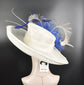 Wide Brim Sinamay Derby Hat: Ivory, Royal Blue Feather Church Hat