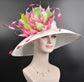 Wide Brim Sinamay Derby Hat: Feather Flower, Fuchsia Pink