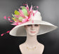 Wide Brim Sinamay Derby Hat: Feather Flower, Fuchsia Pink