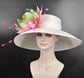 Wide Brim Sinamay Derby Hat: Feather Flower, Fuchsia Pink