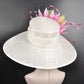 Wide Brim Sinamay Derby Hat: Feather Flower, Fuchsia Pink