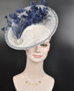 White Sinamay Fascinator Hat: Navy Feather Flower, Rhinestone Derby Hat