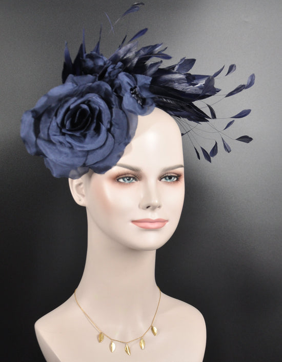 Navy Blue Silk Flower Fascinator Hat: Feather Headband