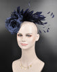 Navy Blue Silk Flower Fascinator Hat: Feather Headband