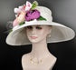 Wide Brim Sinamay Derby Hat: White Peony Orchid Design