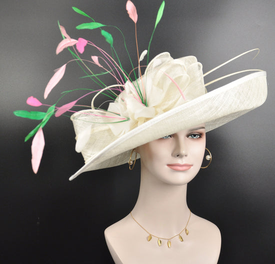 Wide Brim Sinamay Kentucky Derby Hat: Ivory Feathered Tea Party Hat