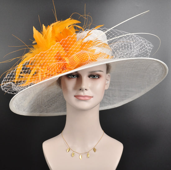 Wide Brim Sinamay Derby Hat: White with Orange Feather Flower