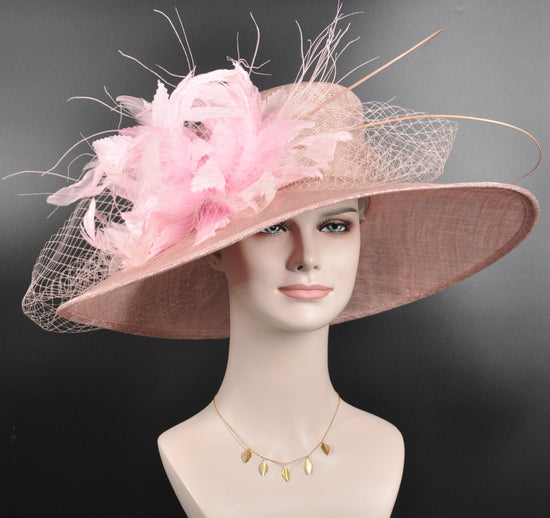 Wide Brim Sinamay Kentucky Derby Hat: Pink Flower Church Wedding Hat