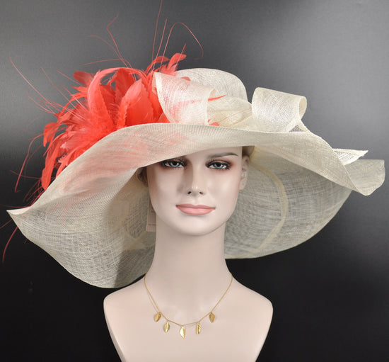 Coral Feather Derby Hat: Ivory Wide Brim Sinamay Wedding Hat