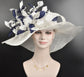 White w Navy Blue  Feather Flower Kentucky Derby Hat, Church Hat, Wedding Hat, Easter Hat, Tea Party Hat Wide Brim  Sinamay  Hat