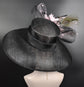 Sinamay Derby Hat: Black Wide Brim with Pink Feather & Peacock Feathers
