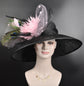 Sinamay Derby Hat: Black Wide Brim with Pink Feather & Peacock Feathers