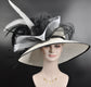 White w Black Jumbo Bows Feather Flower Wide Brim Kentucky Derby Party Hat