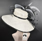 White w Black Jumbo Bows Feather Flower Wide Brim Kentucky Derby Party Hat